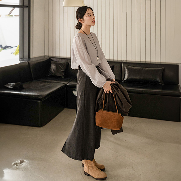 실키 러플 이중 Long-sleeve Blouse