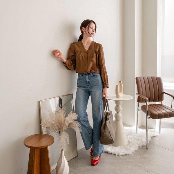 V-neck Puff Pintuck Shirring Blouse