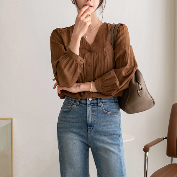 V-neck Puff Pintuck Shirring Blouse