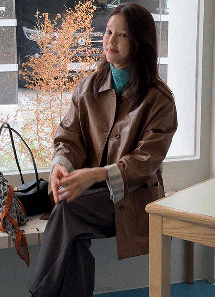 Glossy Mid Fake Leather Jacket Korea