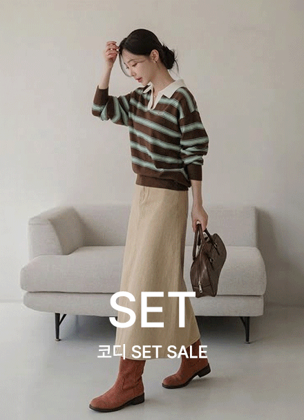 [코디SET] 홉스 horizontal striped Collar Knitwear+샐리 Span 인밴딩 슬릿 코튼 Skirt Korea