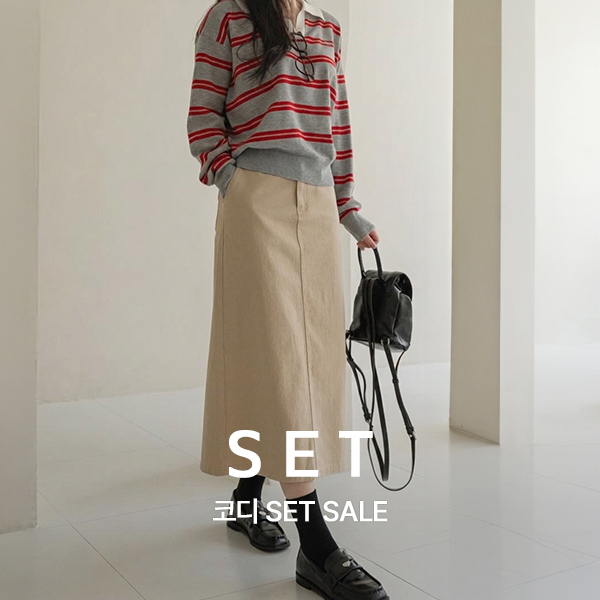 [코디SET] 홉스 horizontal striped Collar Knitwear+샐리 Span 인밴딩 슬릿 코튼 Skirt