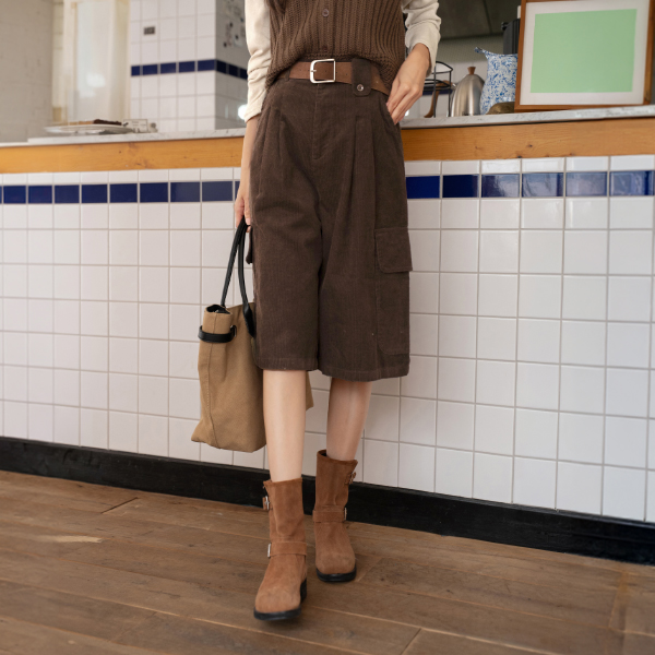 Corduroy Cargo Belt Set Bermuda Pants