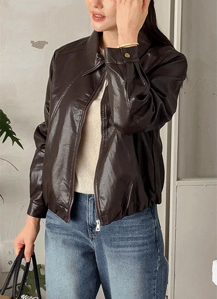 Basic Cut faux Leather Zip Up Jacket Korea