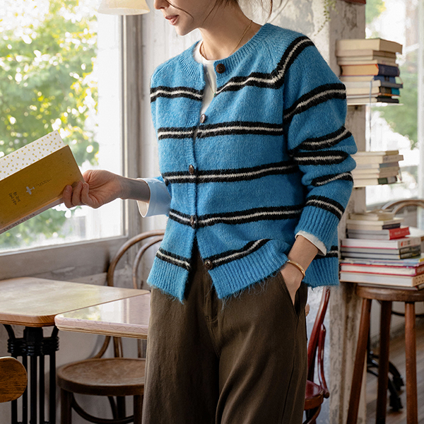 [Special Planning Price] Thick Horizontal Striped Wool Knitwear Cardigan