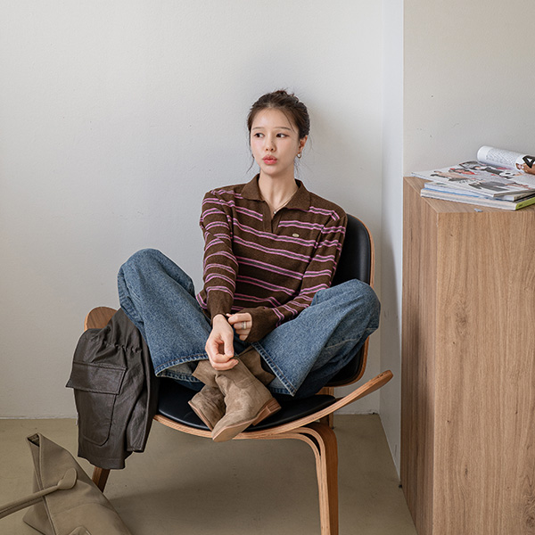 펜던트 Collar 트임 horizontal striped Knitwear