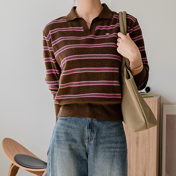 펜던트 Collar 트임 horizontal striped Knitwear