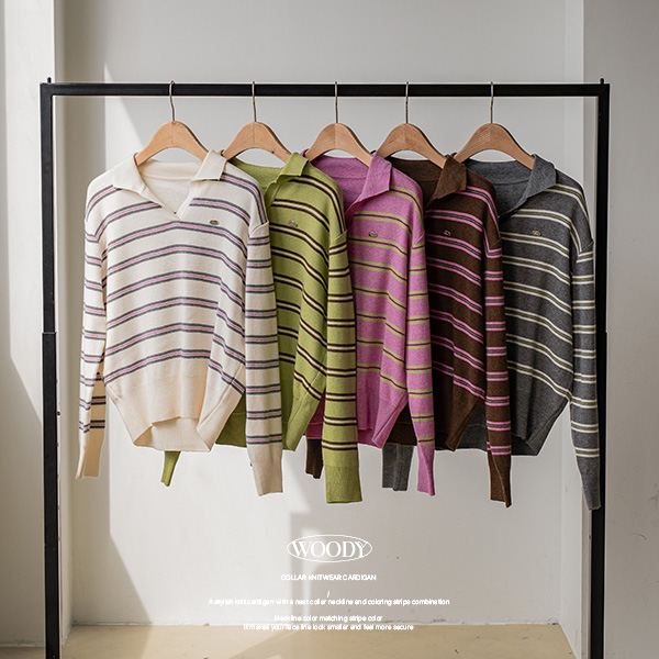 펜던트 Collar 트임 horizontal striped Knitwear