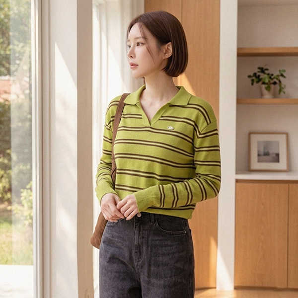 펜던트 Collar 트임 horizontal striped Knitwear