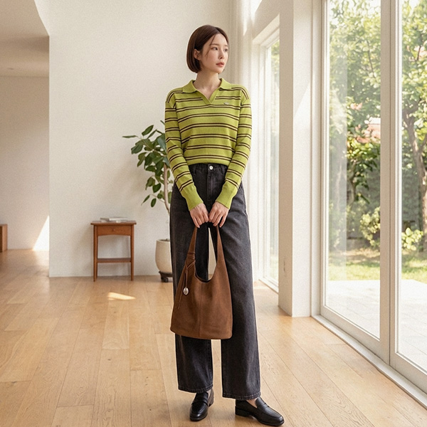 펜던트 Collar 트임 horizontal striped Knitwear