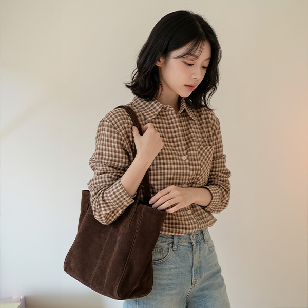 [USYOU] Leather Label Check Shirt
