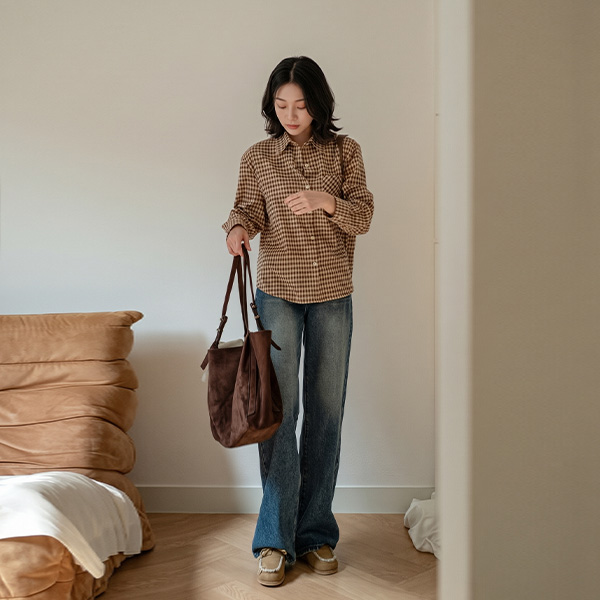 [USYOU] Leather Label Check Shirt