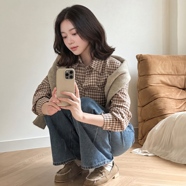 [USYOU] Leather Label Check Shirt