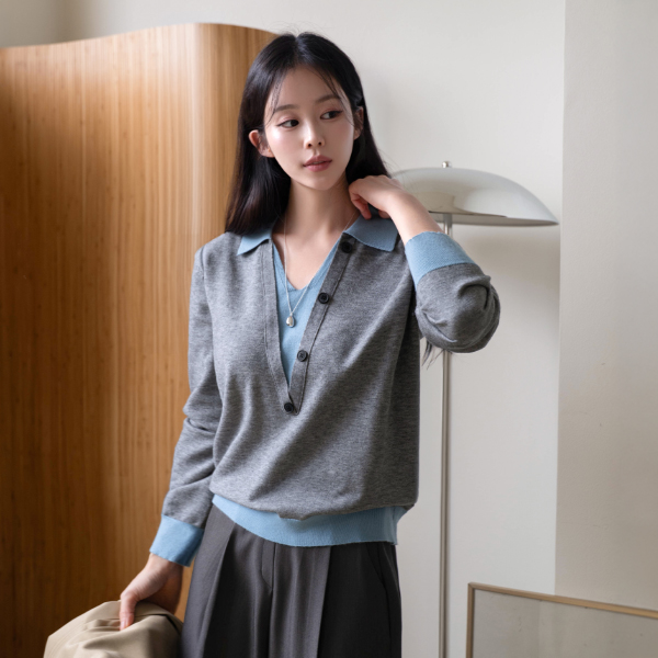 Color Matching Collar Deep V Knitwear