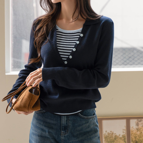 Deep V Button Layered Wool Knitwear