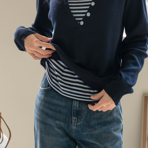 Deep V Button Layered Wool Knitwear