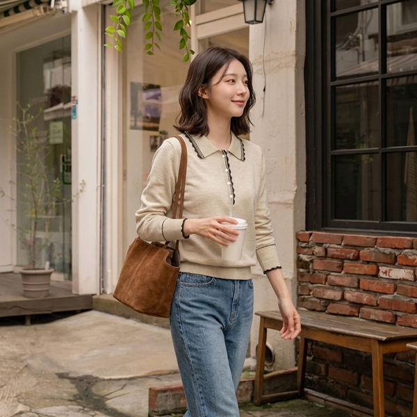 물결 Color Matching 보들 Collar Knitwear