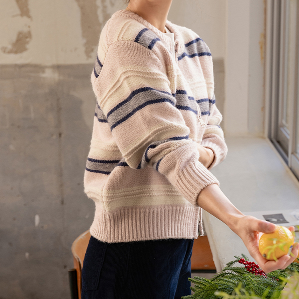 마카롱 horizontal striped Zip up Knitwear