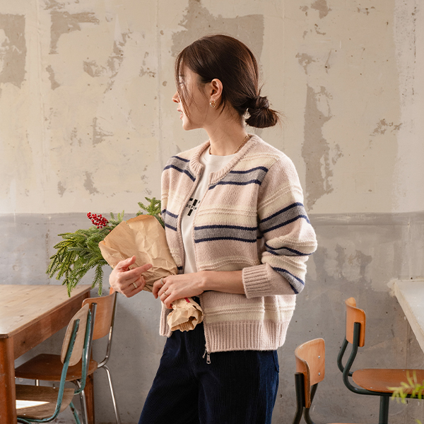 마카롱 horizontal striped Zip up Knitwear