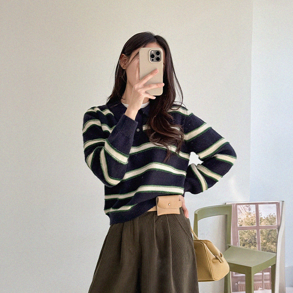 Checky horizontal striped Collar Knitwear