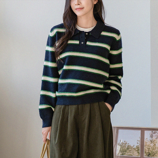 Checky horizontal striped Collar Knitwear