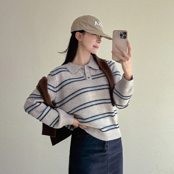 Checky horizontal striped Collar Knitwear