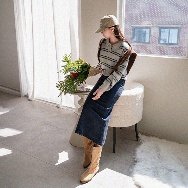 Checky horizontal striped Collar Knitwear