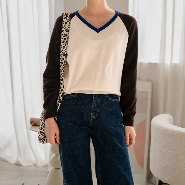 Triple Color Matching Wool Raglan Knitwear