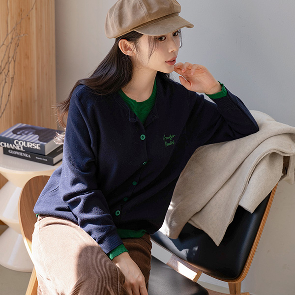 자수 two tone Color Matching layered Cardigan
