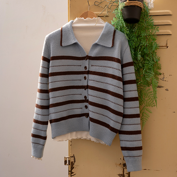 Bins Horizontal Striped Collar Knitwear Cardigan