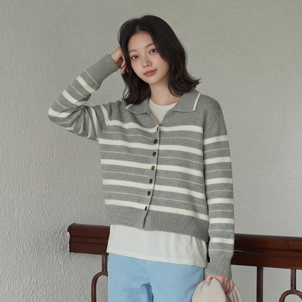 Bins Horizontal Striped Collar Knitwear Cardigan